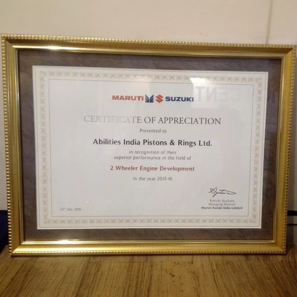 Awards and Certifications- Certificate of Appreciation from Maruti Suzuki for 2 wheeler engine development